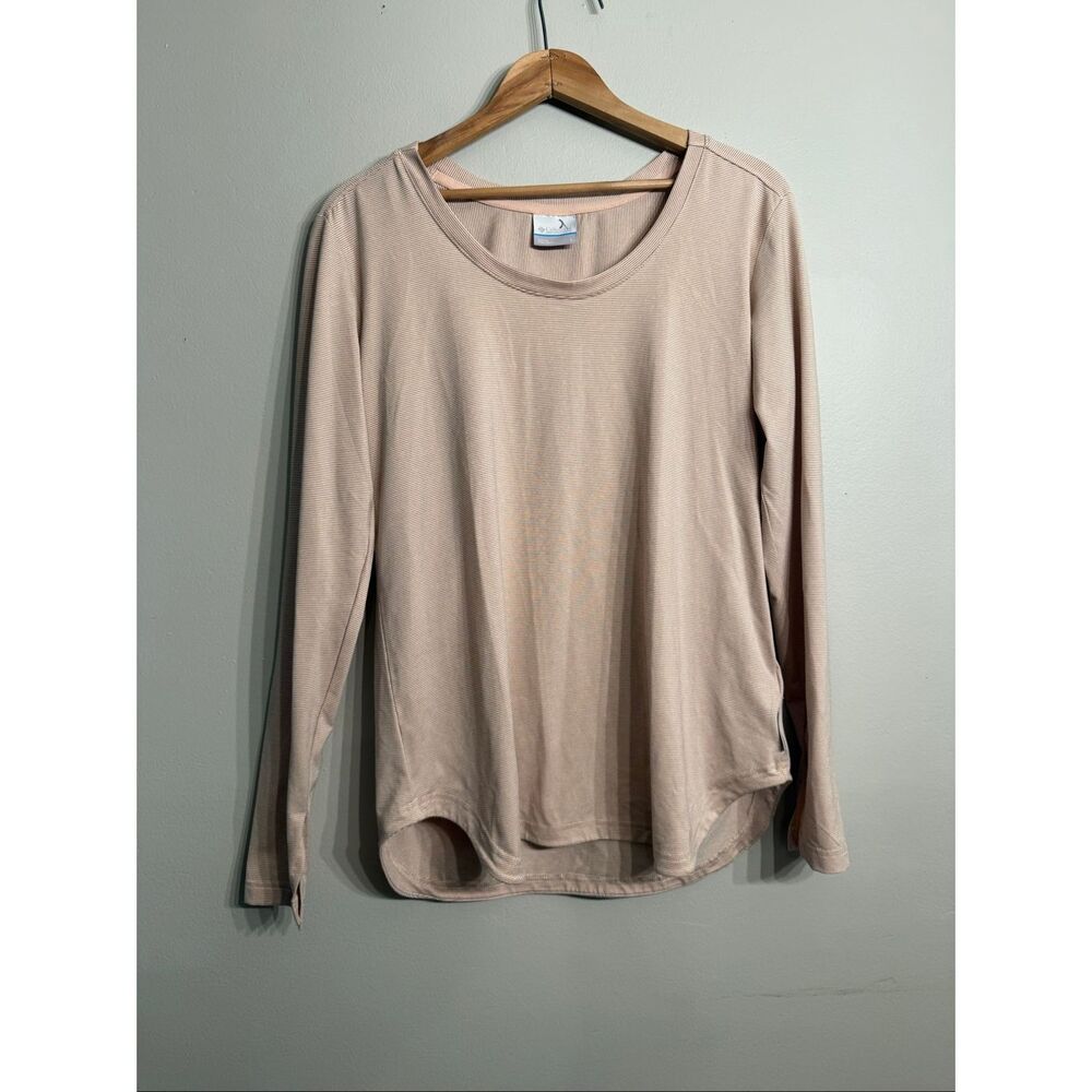 Columbia Light Beige Pinstriped High Low Hem Long Sleeve Crew Neck Top Large